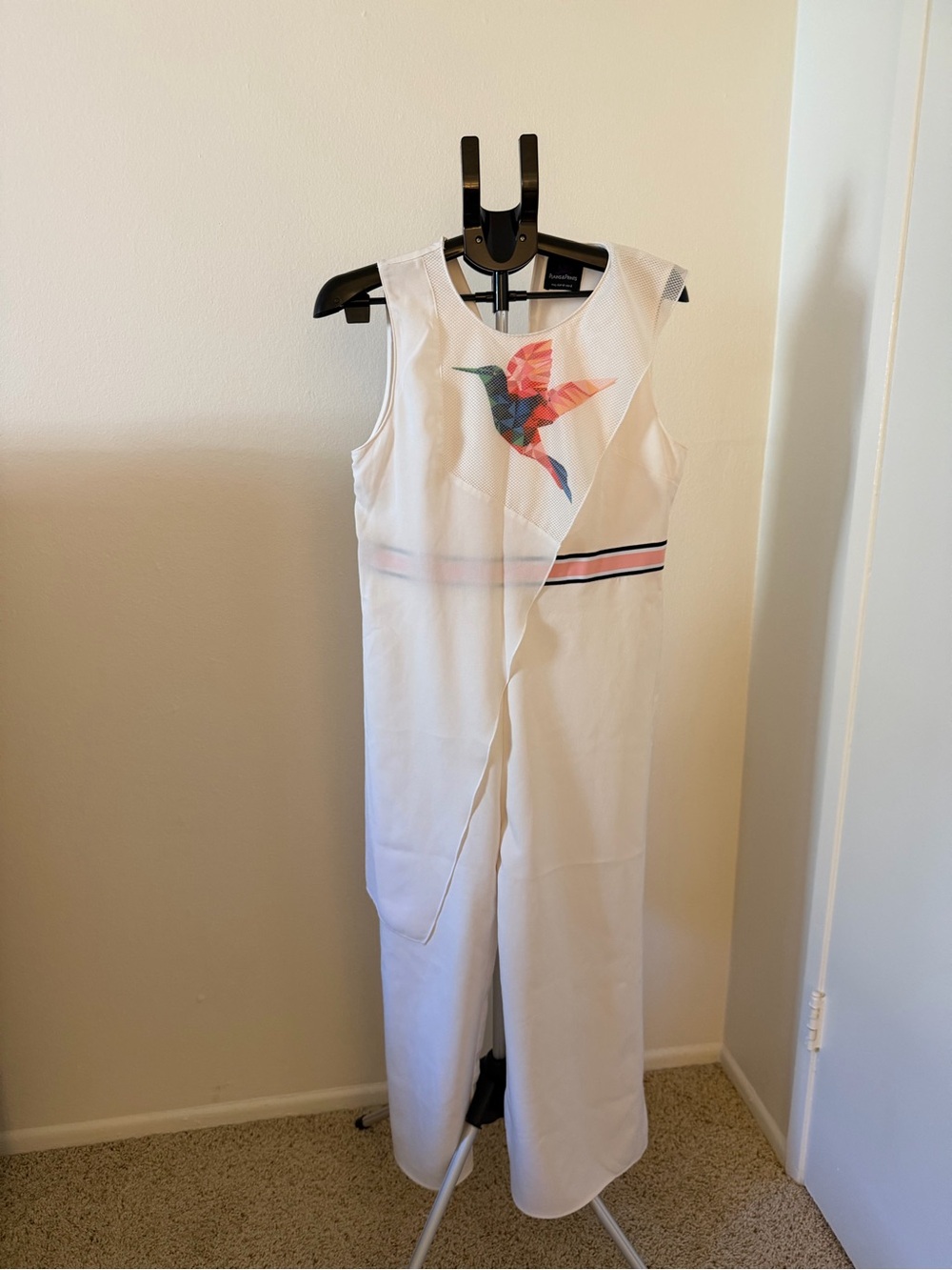 Plains & Prints White Hummingbird Jumpsuit | US 8 | Elegant Wide Leg